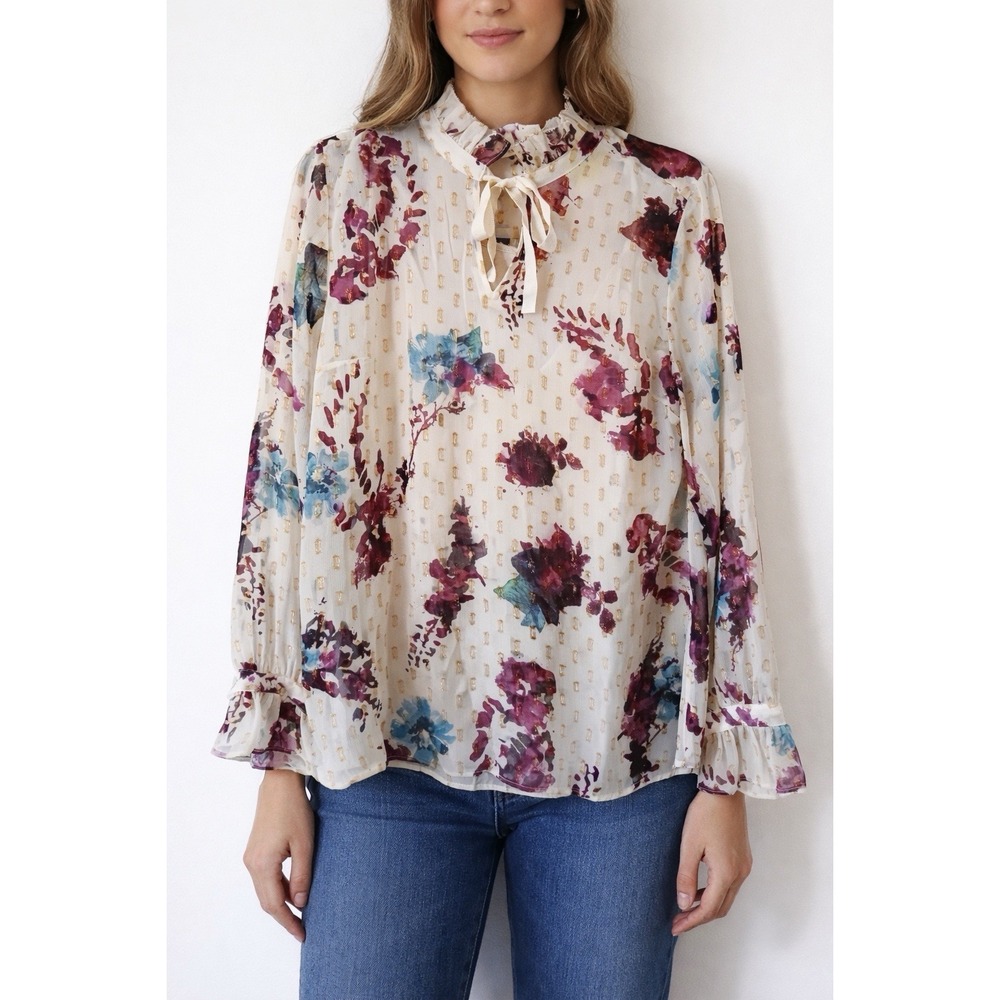 Soft Surroundings Blouse Floral Tunic Metallic Ruffles Tassels Size‎ M  Bohemian
